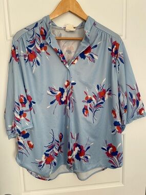 Vintage 80s Abstract Floral Blue Blouse Dolman Sleeve Button Front Polyester M/L